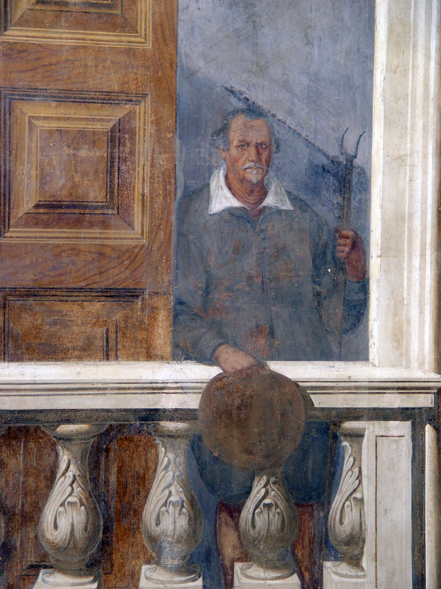Particolare della decorazione pittorica dello Scalone d’accesso al piano superiore raffigurante un contadino con in mano un forcone a due rebbi (Fototeca ISAL) 