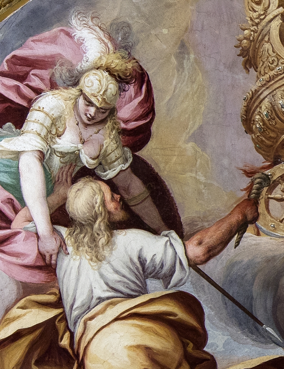 Particolare dell'Apparizione del Carro solare all’Aurora raffigurante Minerva che indirizza verso il carro il giovane Giulio II Arese (Fototeca ISAL-BAMS Photo Rodella) 