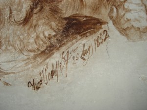 Particolare della firma e della data di una delle opere pittoriche dipinte da Francesco Podesti nel piano inferiore del Quarto nuovo (Fototeca ISAL, fotografia di Ferdinando Zanzottera)