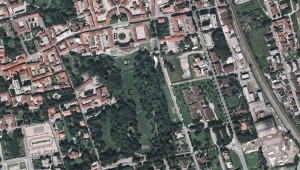 Aerial view of Villa Cusani Tittoni Traversi with the indication of the different areas composing the  villa’s garden and the architectonic high rising elements: the external Exedra (A); the Courtyard of Honor (B); the park (C); the neo-Gothic tower (1); the funerary monument of Antona Traversi (2); the Fountain of Neptune (3)