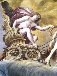 Particolare dell'Apparizione del Carro solare all’Aurora raffigurante Apollo che guida la quadriga dorata (Fototeca ISAL-BAMS Photo Rodella) 
